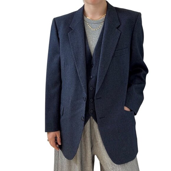 Vintage 1970s Yves Saint Laurent YSL Navy Blue Wool 3 Piece Blazer Suit Set 40R - Picture 4 of 13